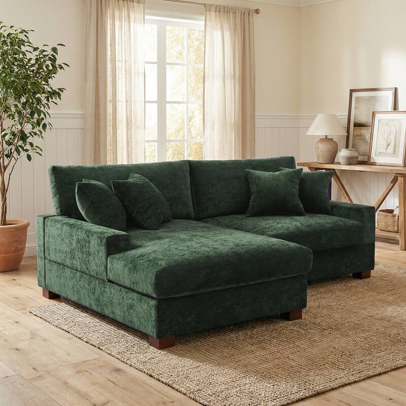 2 Set Chenille Upholstered Modular Sectional Sofa Chaise with Pillows - Green-Sofa R+Chaise L - Left Facing