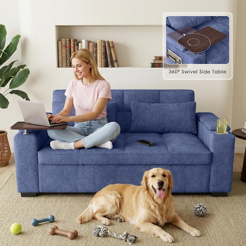 68" Chenille Fabric Sleeper Sofa Bed,Pull Out Couch with 360 Degree Swivel Side Table,USB Port,Cup Holder,Armrest Storage