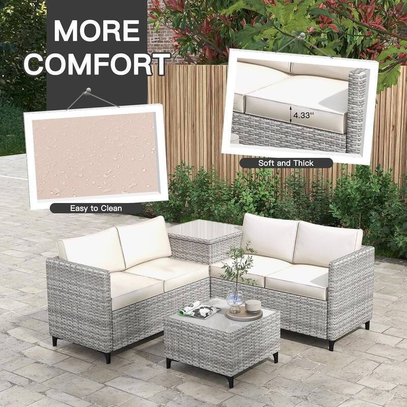 4-Piece Patio Sectional Sofa Set with Coffee Table and Storage Box
