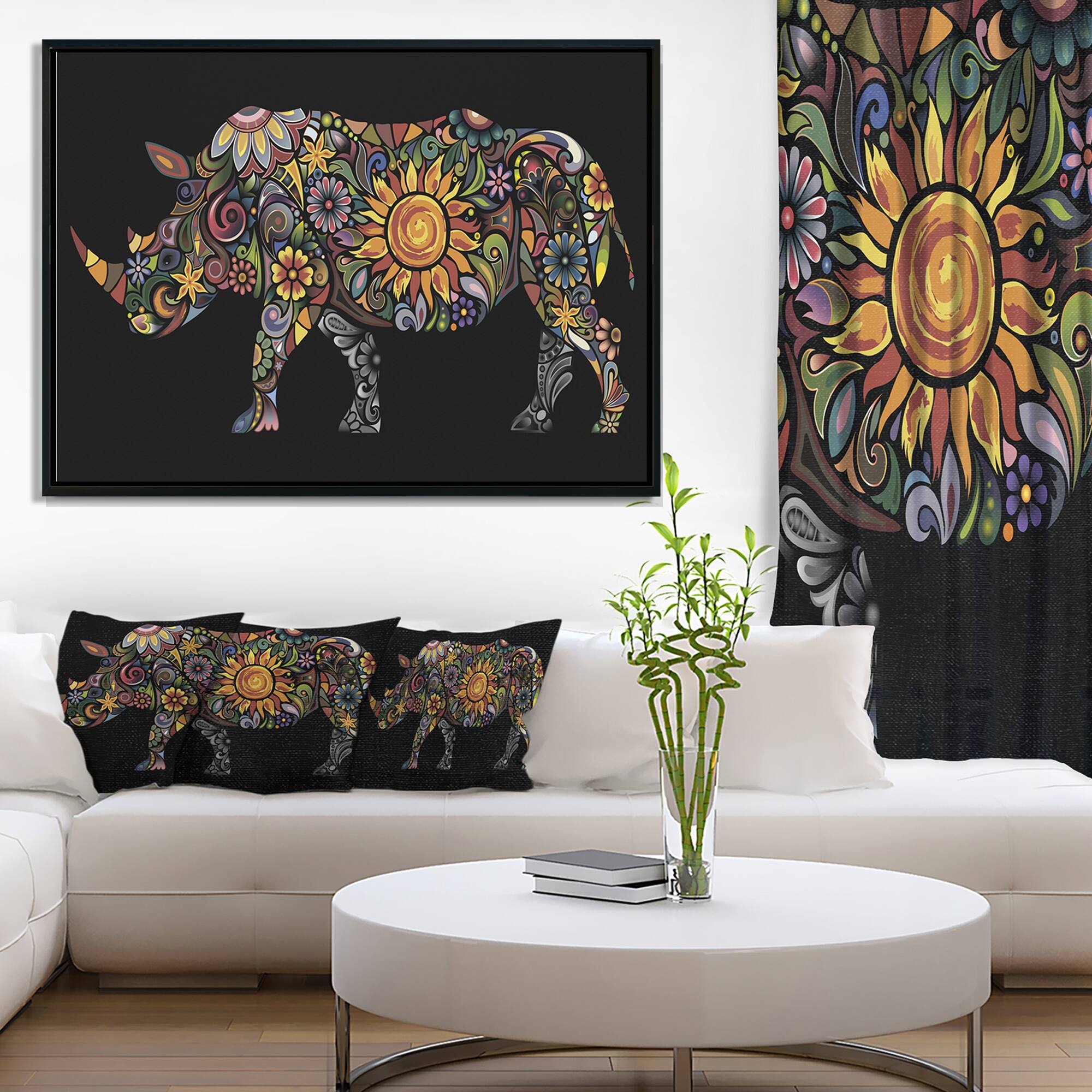Designart "Cheerful Rhinoceros" Animal Framed Canvas Art Print Bed