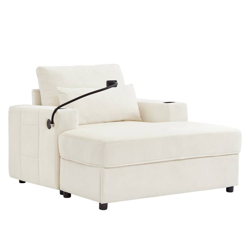 Chaise Lounge Sofa Couch with a Movable Storage Ottoman, Two USB Ports, Two Cup Holders, a Phone Holder，Side Pockets