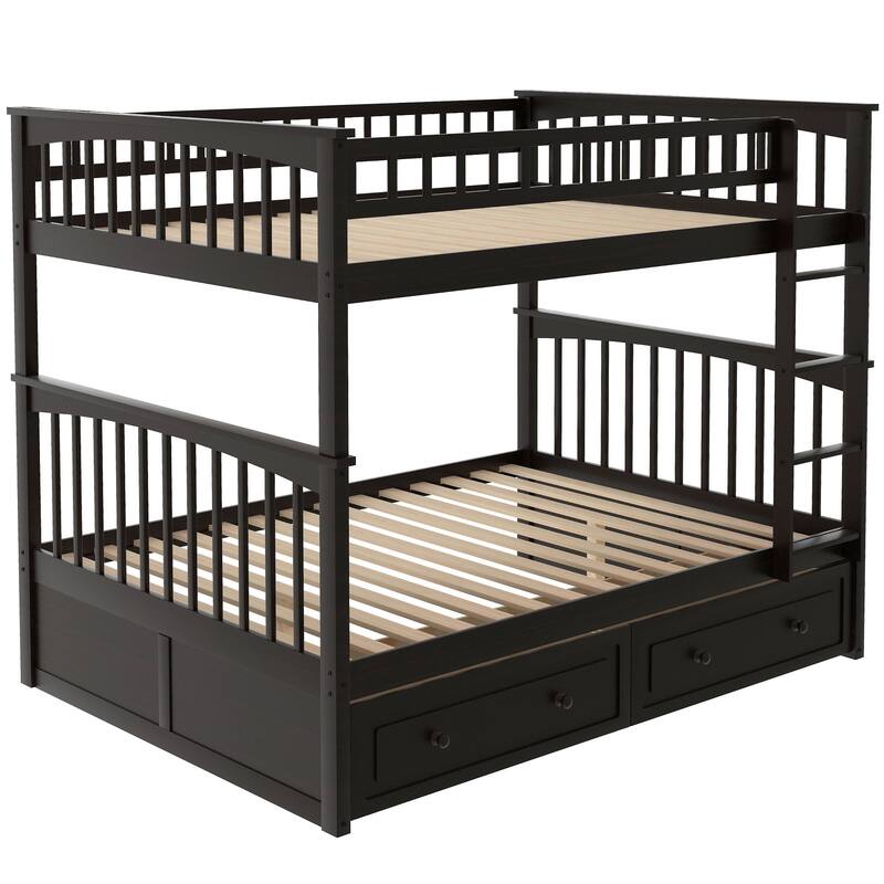 Wooden Storage Bunk Bed Frame with Fence-shaped Guardrails and Pull-out Drawers, Convertible 2 Platform Beds, Detachable Design
