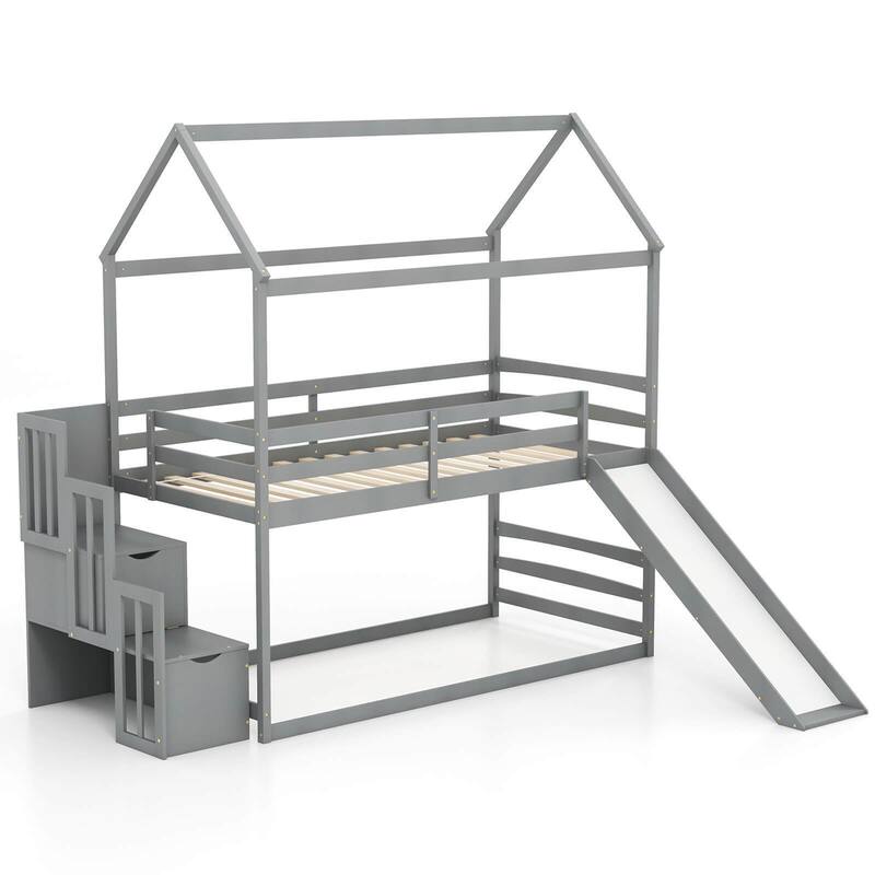 Gymax Loft Bed w/ Slide & Storage Staircase Twin Over Twin