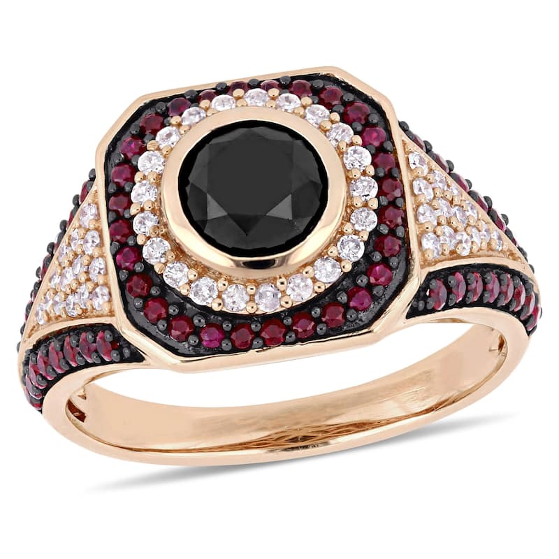 Miadora 1 1/4ct TDW Black White Diamond 5/8ct Ruby Ring in 10k Rose Gold