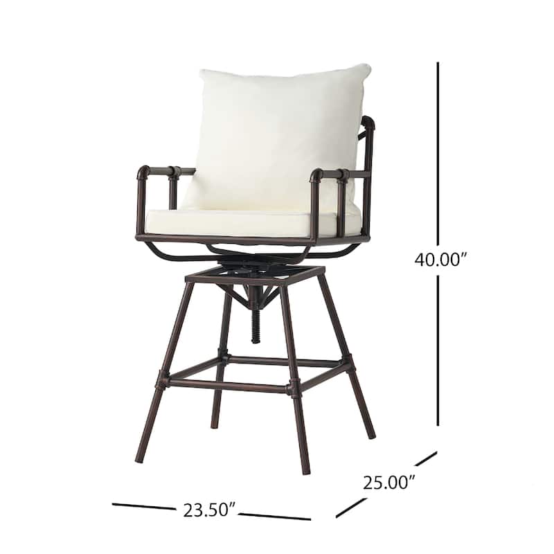 Outdoor Swivel Barstool Chair, Plush White Cushion, Rustic Bronze Iron
