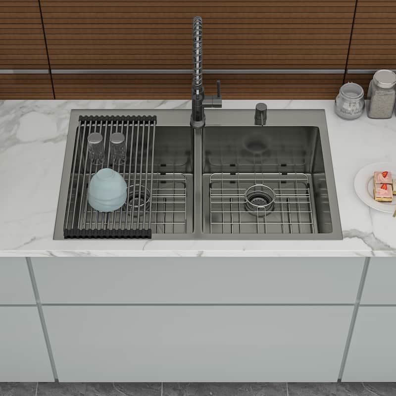 33 Inch Drop-in 16 Gauge Double Bowl Stainless Steel Kitchen Sink in Gunmetal Black - 33'' x 22'' x 10'' - Gunmetal Black - 33'' x 22'' x 10''