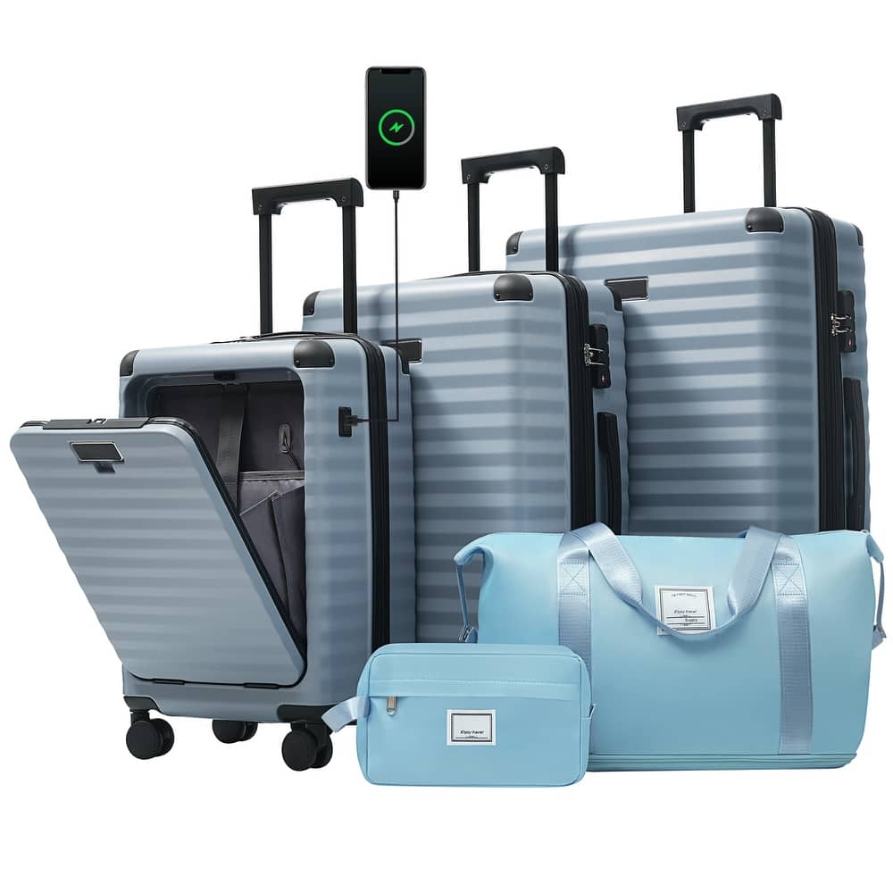 Luggage Sets 5 Piece with Front Opening, Hardside Expandable Carry on Suitcase, with Spinner Wheels, TSA Lock, USB Port
