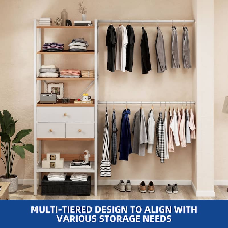 Moasis 70.8"-105"L Closet Storage Organizer with Shelves and 3 Expandable Hanger Rods