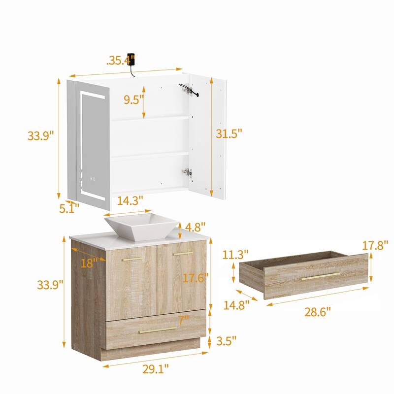 Sleek Bathroom Vanity Ceramic Sink & Illuminated Mirror Cabinet Combo