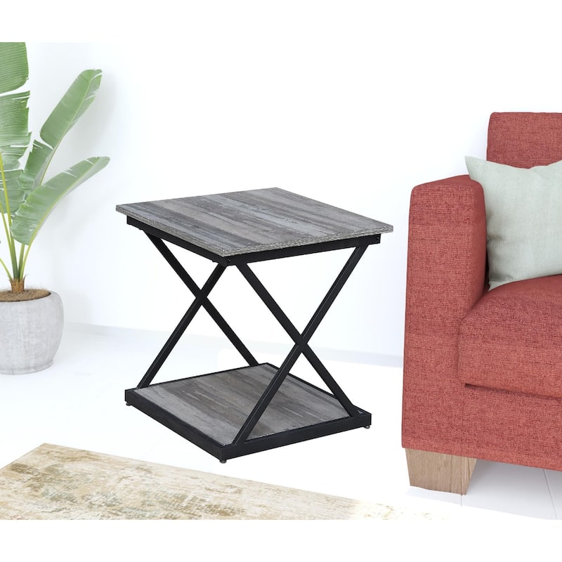 Brown Wood Top Black Iron Frame Square End Table with Modern Design - 18.5” x 18.5” x 19.68” (D x W x H)