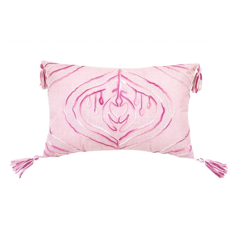 HomeRoots 13" X 20" Pink White And Silver Abstract Zippered Polyester Throw Pillow With Tassels