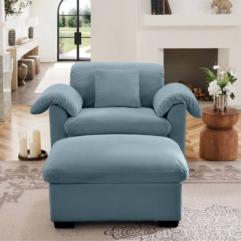 Velvet Deep Seat Storage Sofa Chair with Fluffy Armrest Pillows & Backrest