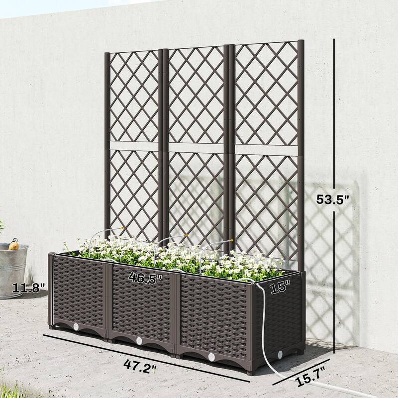 Outsunny 3PCS Plastic Planter Box with Trellis, Self-Watering Raised Garden Bed with Trellis ,Brown