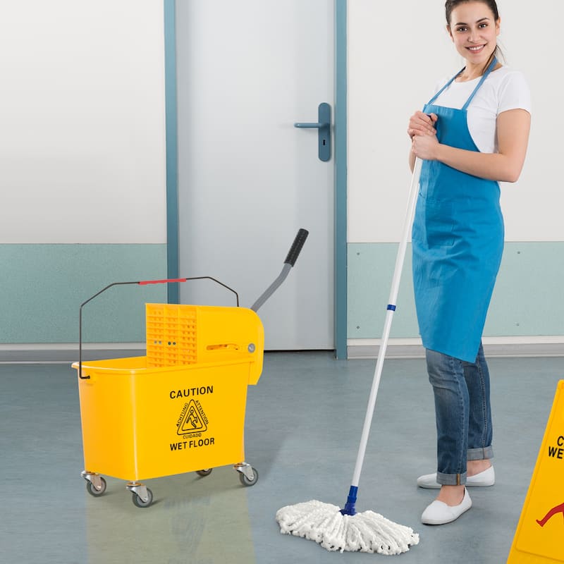 5 Gallon Mop Bucket With Side Press Wringer - 23.5" L x 10.75" W x 27.5" H - Mop Buckets - Yellow