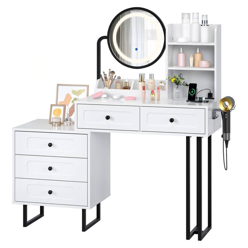Particle Board Veneered White Bracket, White Iron Feet, 5-drawer 2-compartment 2-tier Rack Dressing Table - N/A