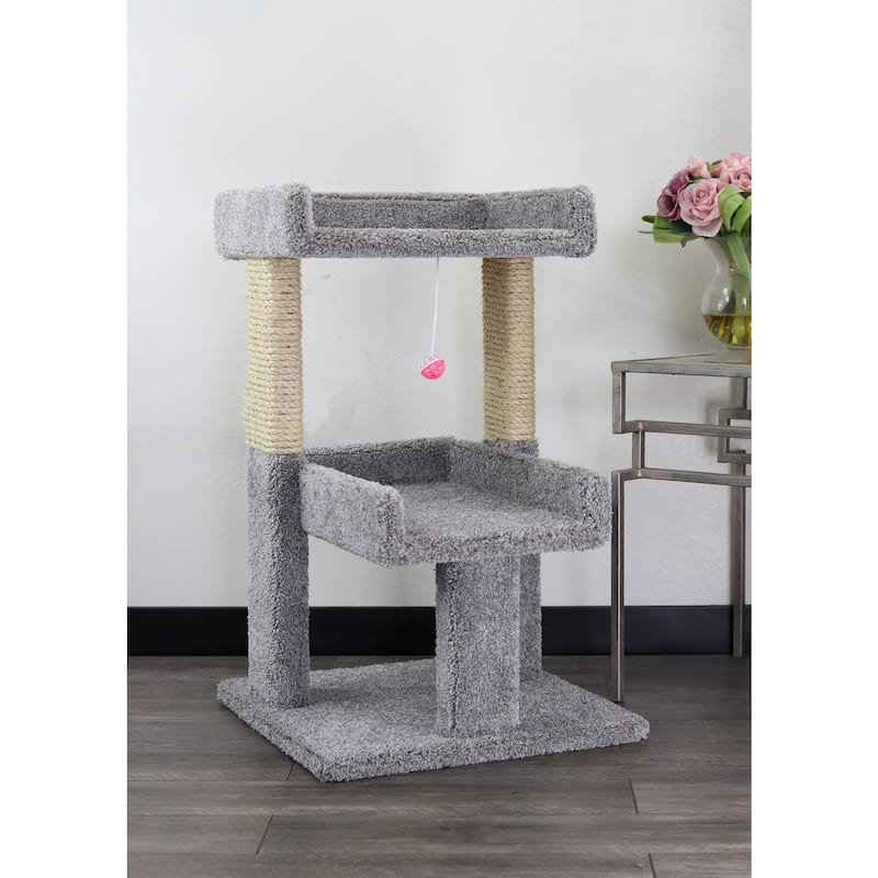 Large Play Cat Perch with Dual Platforms, Sisal Scratching Posts and Hanging Toy for Fun Daily Activity