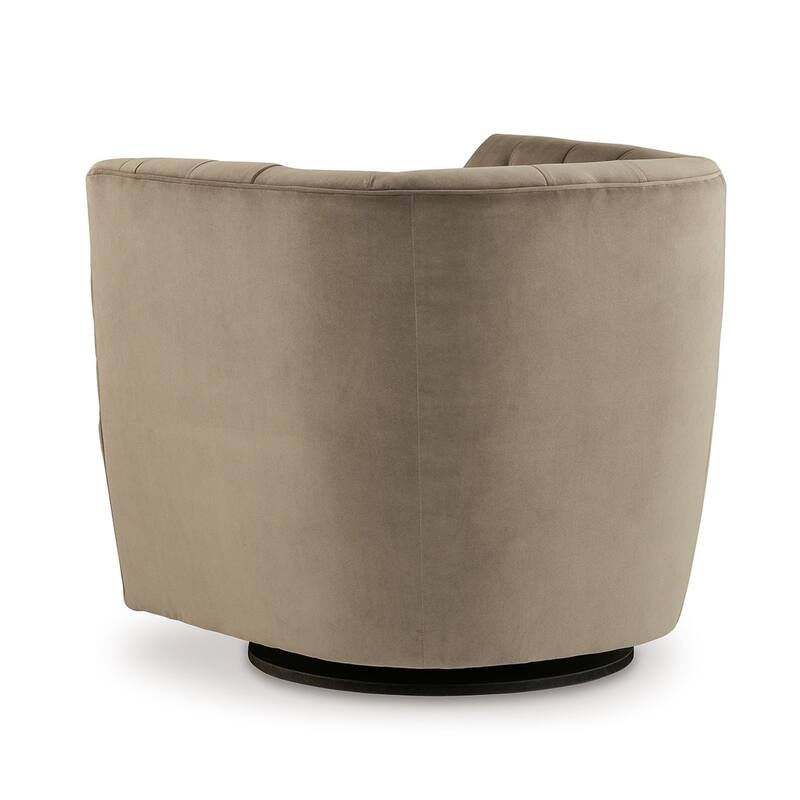 Heena Swivel Accent Chair, Brown Polyester, Tufted Barrel Back, Black Metal