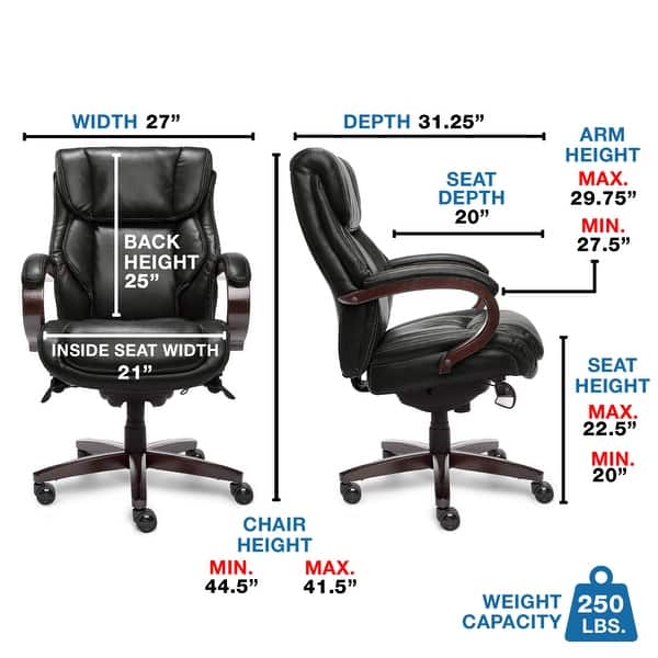 dimension image slide 1 of 2, La-Z-Boy Bellamy Executive Leather Office Chair with Memory Foam Cushions, Solid Wood Arms and Base, Waterfall Seat Edge