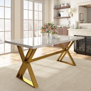 Clihome Natural Marble Dining Table with Stainless Steel Base - Bed ...