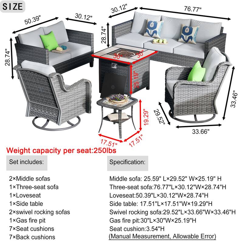 OVIOS 6-Piece Outdoor Wicker Patio Fire Pit Furniture Set with Swivel Chairs
