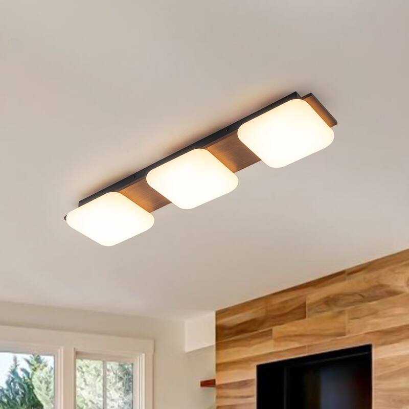 Modern Faux Walnut Wood Grain 3-Light Dimmable LED Flush Mount - 30.7 in - 30.7 in