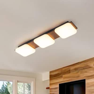 Modern Faux Walnut Wood Grain 3-Light Dimmable LED Flush Mount - 30.7 in