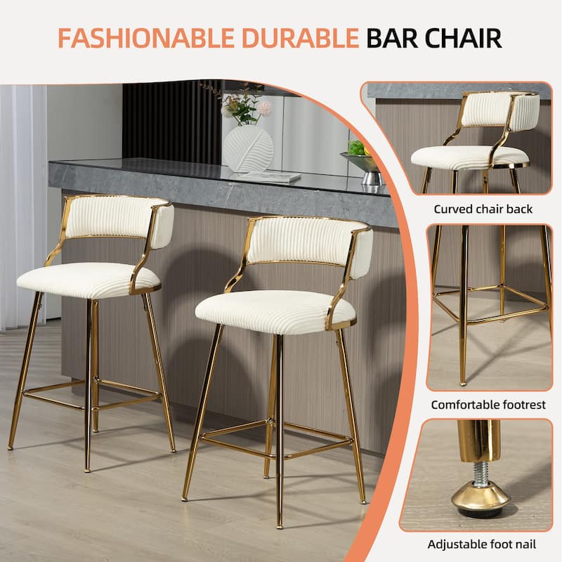 Corduroy Upholstered Bar Stools Set of 2 with Gold Metal Frame