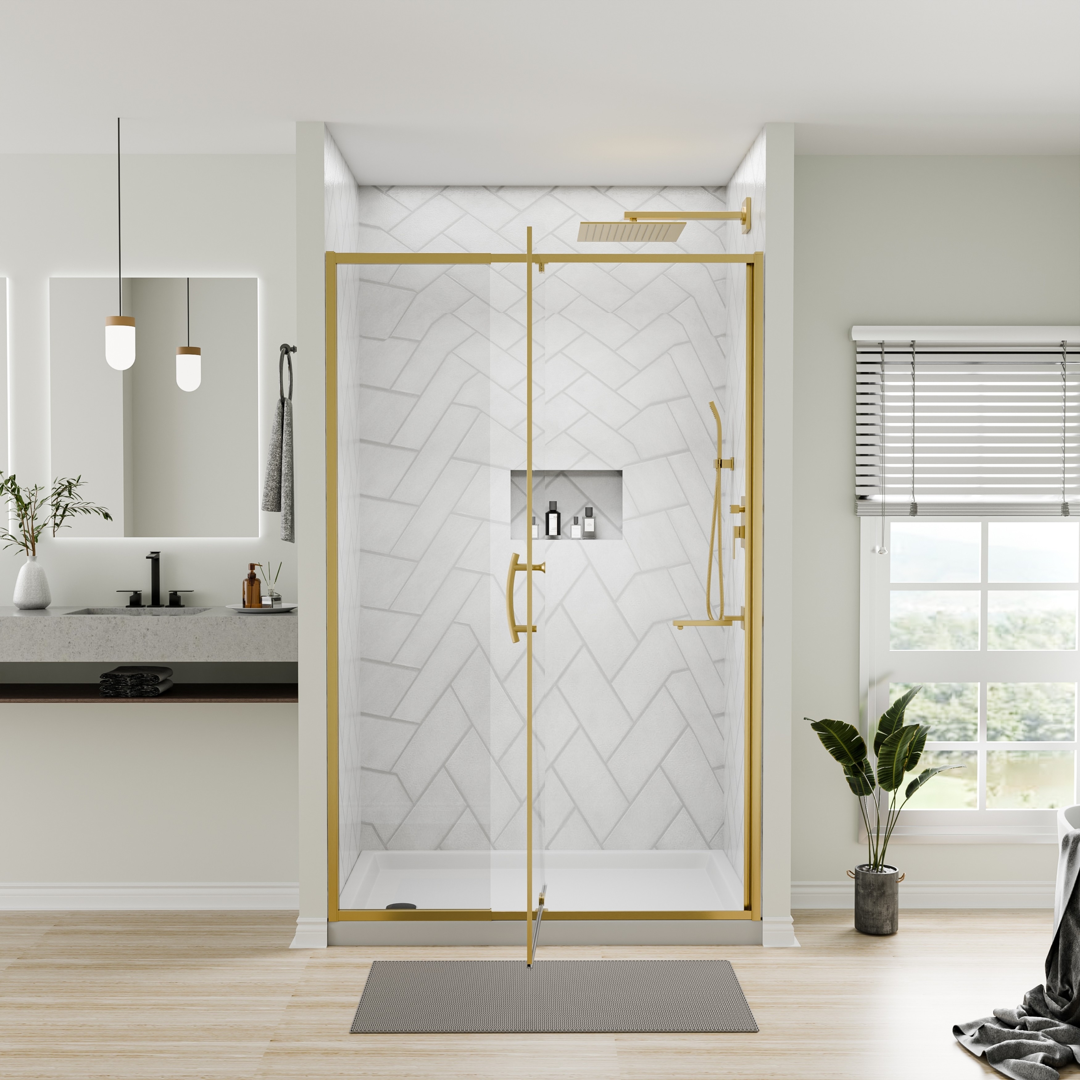 Modland 42 in. W x 71 in. H Pivot Swing Framed Shower Door with Reversible Installation in Black Rain Glass and Brushed Gold