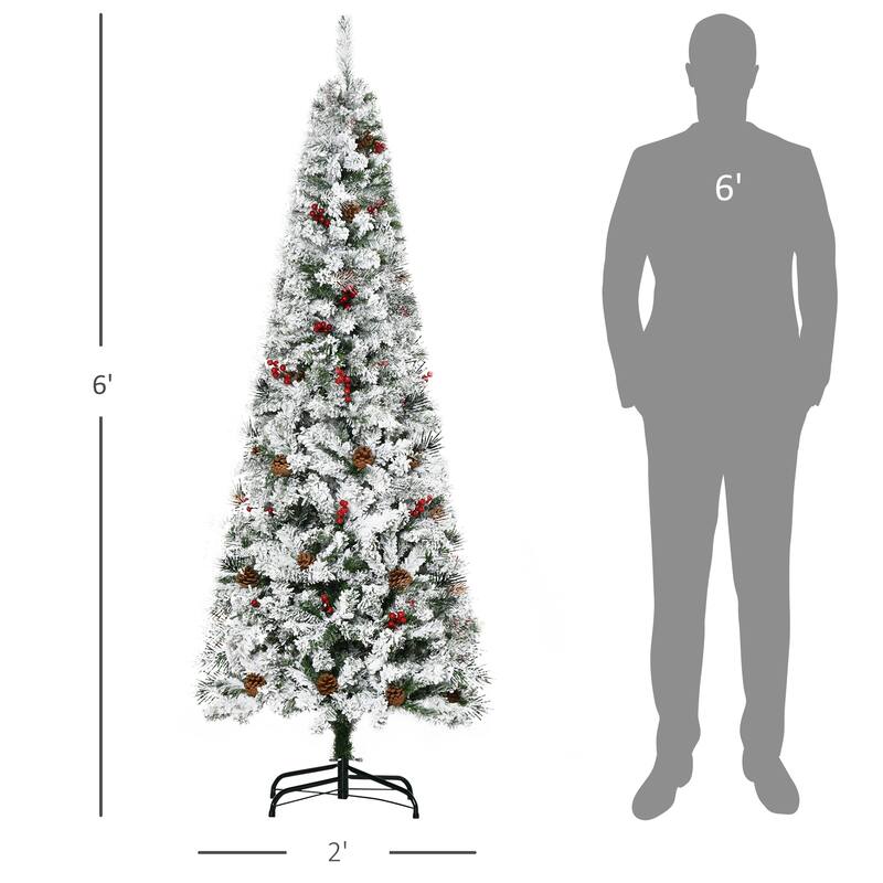 Artificial Snow Flocked Christmas Tree - 6ft/7.5ft Pencil Tree with Pinecones and Red Berries