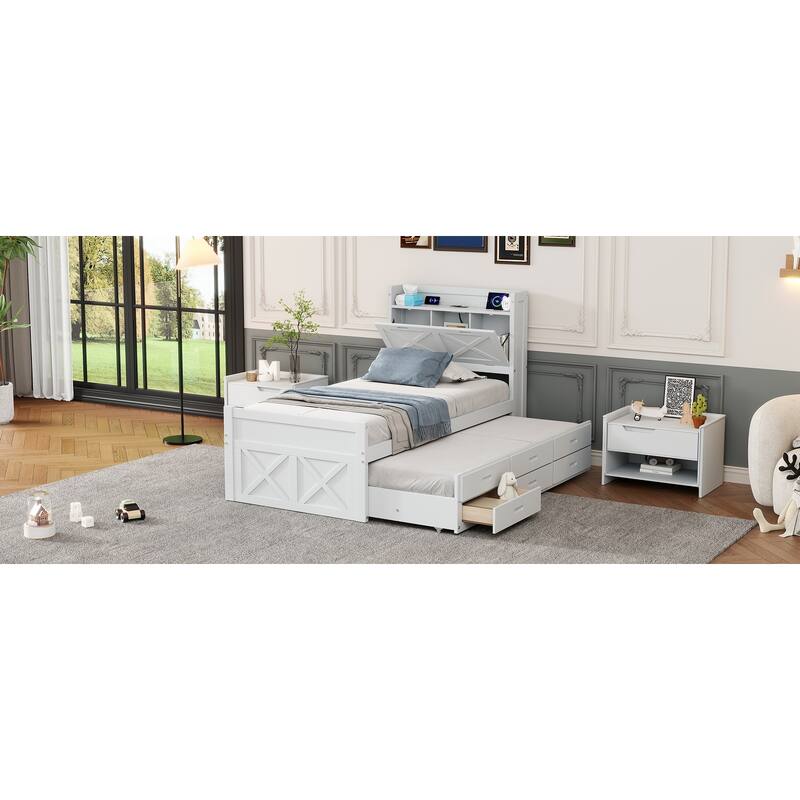 Twin Size Extendable Bed with Storage Headboard and Drawers