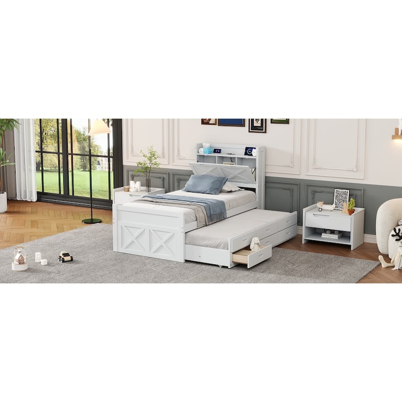 White Twin Size Extendable Bed with Storage Headboard and Drawers