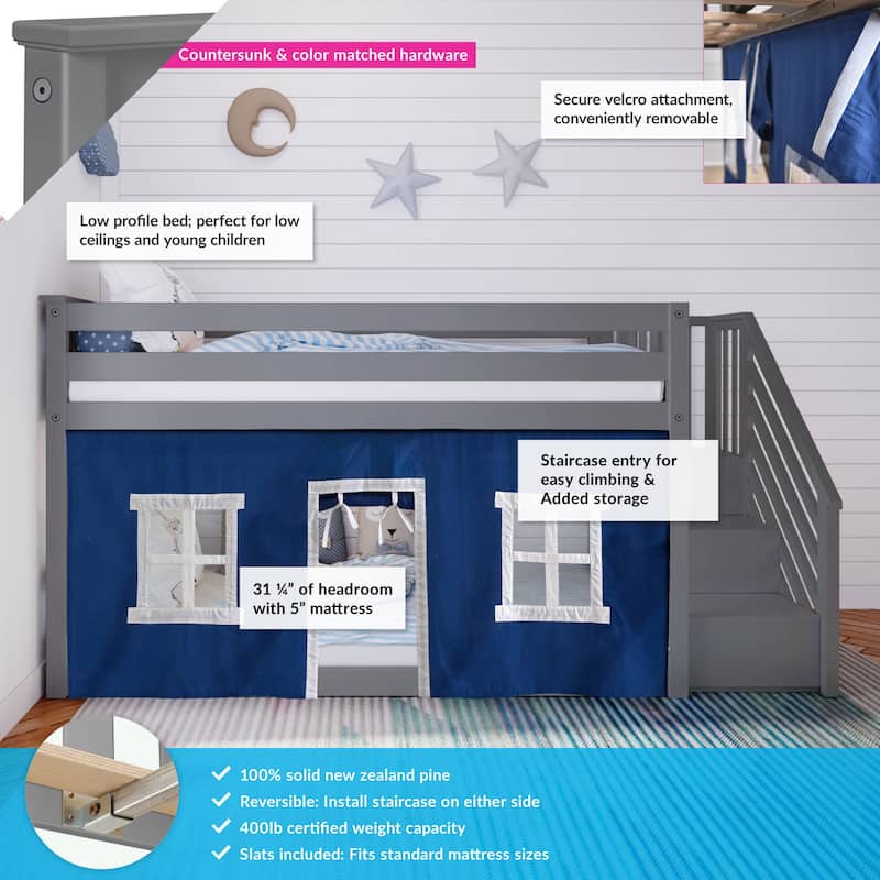 Max and Lily Twin over Twin Low Bunk Bed with Staircase and Curtains