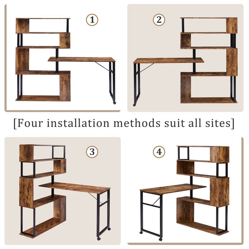 Home Office Computer Desk L-Shaped Corner Table, Rotating Office Desk with 5-Tier Bookshelf & Lockable Casters