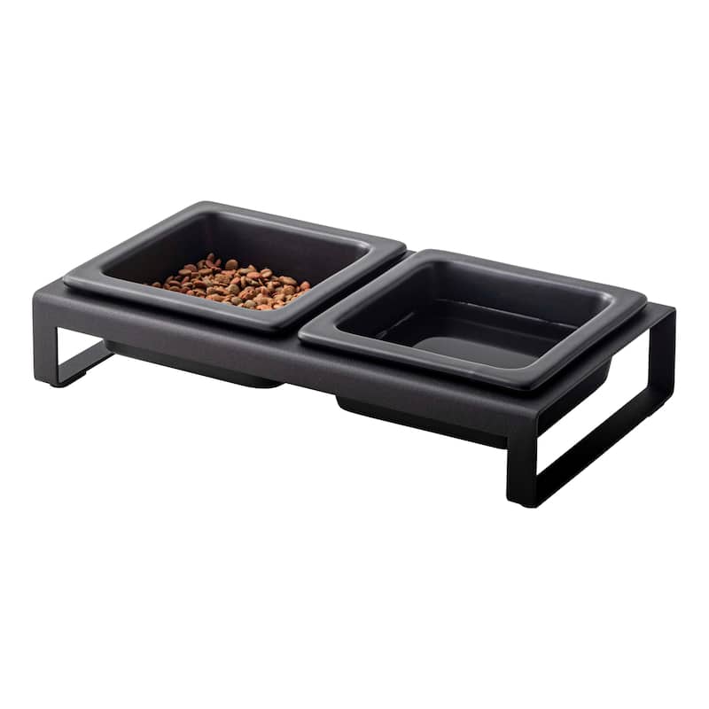 Yamazaki Home Pet Food Bowls - Two Styles, Steel and Ceramic, Short, 1.25 cups, 300 milliliters per bowl - Black