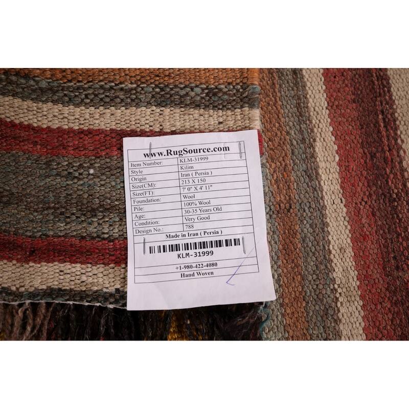 All-Over Striped Kilim Persian Area Rug Flatweave Wool Carpet - 4'11"x 7'0"