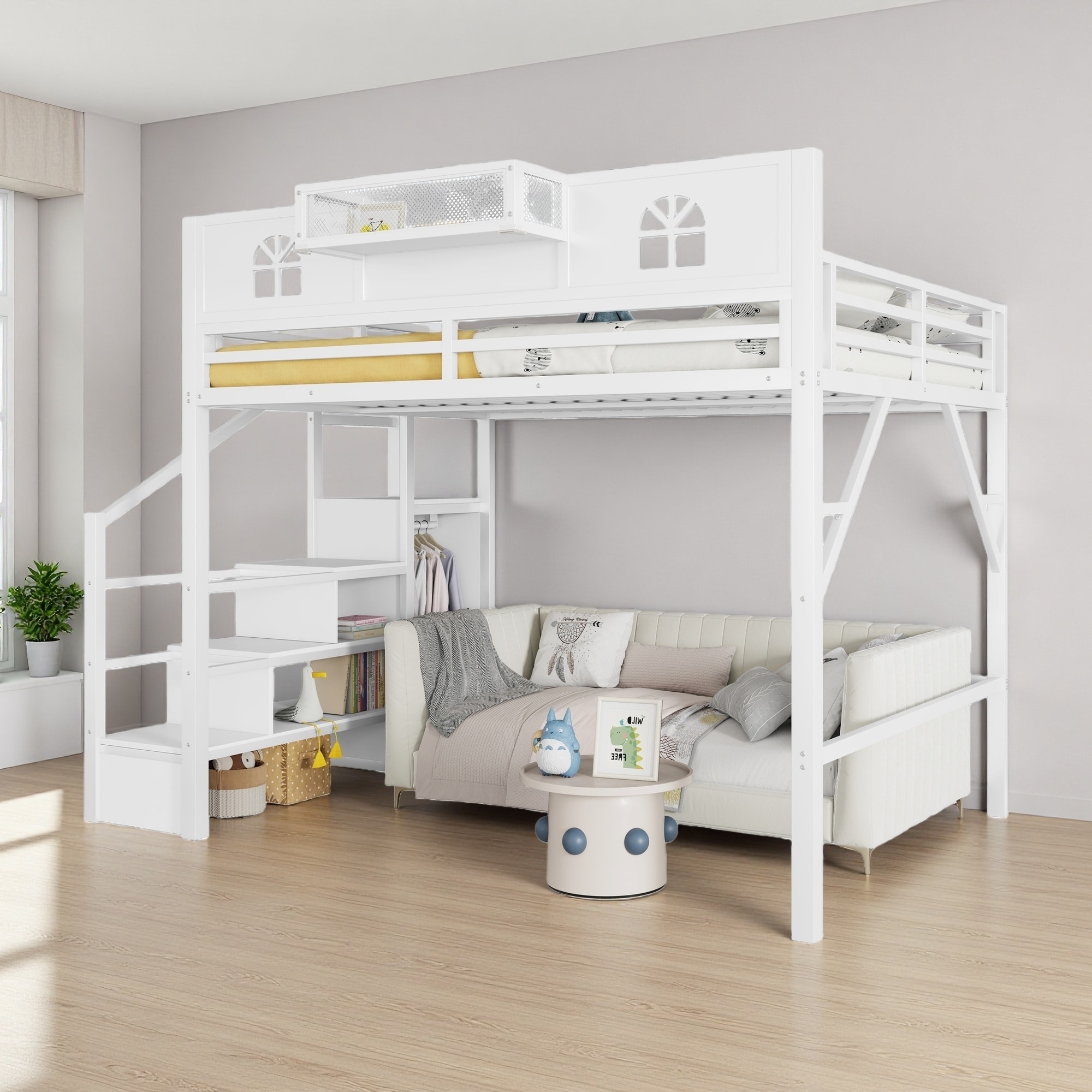 Queen Size Metal Loft Bed with Stairs, House Shaped Guardrails, Wardrobe and Storage Shelves