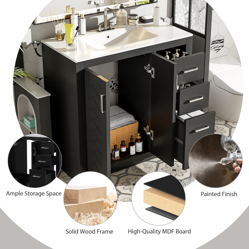 36" Freestanding Bathroom Vanity Set with Ceramic Sink – Solid Wood Storage Cabinet, 3 Soft-Close Drawers & Doors‌