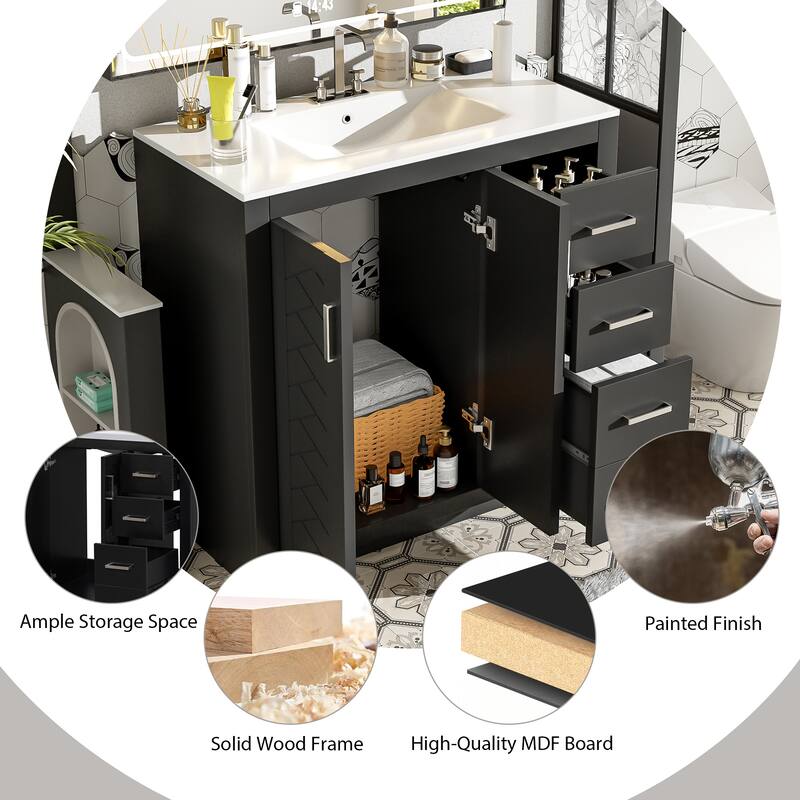 GDFStudio 36'' Bathroom Vanity with Ceramic Sink,Freestanding Vanity Set with 3 Drawers& Soft Closing Doors