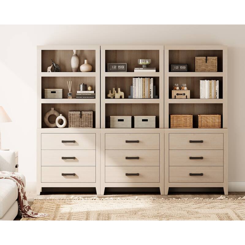 3-Tier Bookshelf with 3 Large Drawers, 74" Tall Farmhouse Bookcase with Wide Metal Handles, for Living Room, Office, Library - Beige - 93" Wide