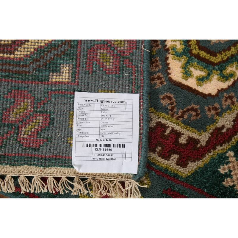 Green Geometric Kazak Indian Runner Rug Handmade Wool Carpet - 2'5"x 9'10"