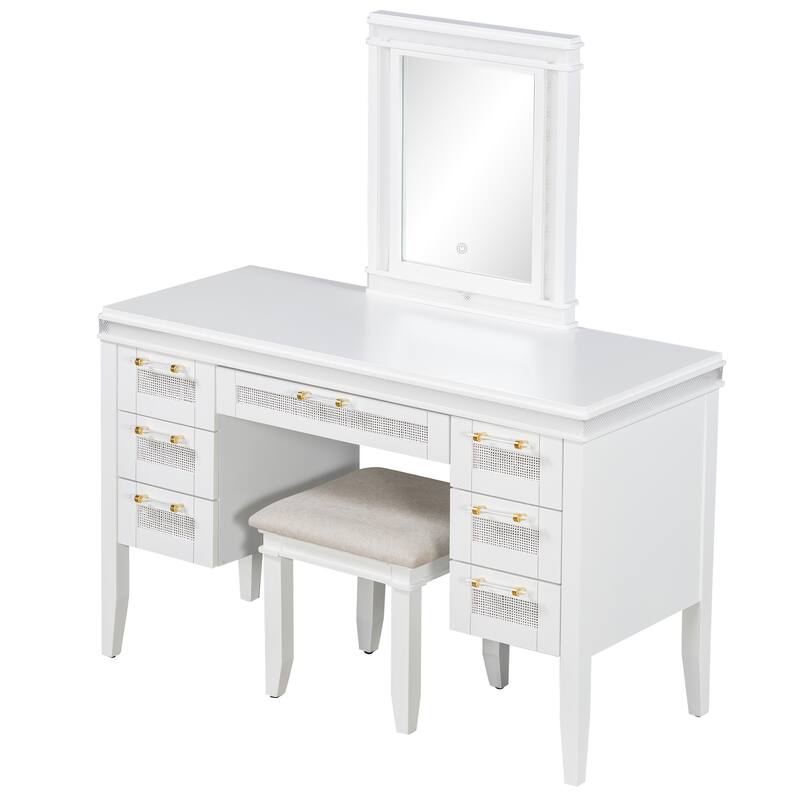 Vanity Desk with LED Lighted Mirror, Large Makeup Vanity Table, Dressing Table Set with 7 Drawers & Cushioned Stool