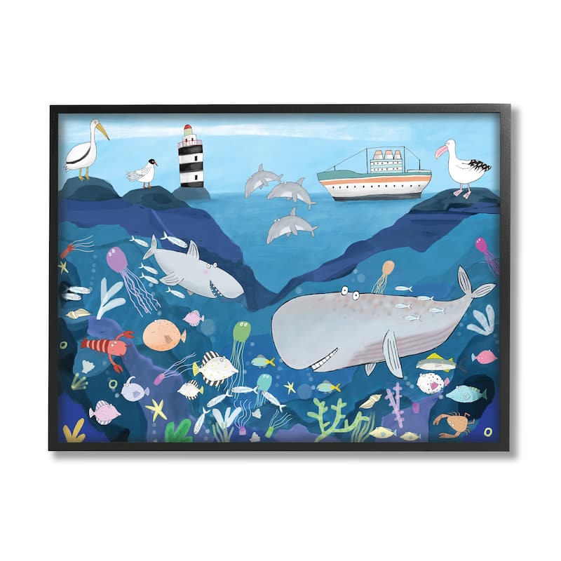 Stupell Underwater Wildlife Kid's Illustration Shark Whale Boat Framed Wall Art - 16 x 20 - Black