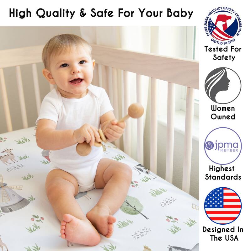 Sweet Jojo Designs Farm Animals Boy, Girl Unisex/Gender Neutral 3 Pack Fitted Crib Sheets -White/Grey Lattice & Solid Sage Green