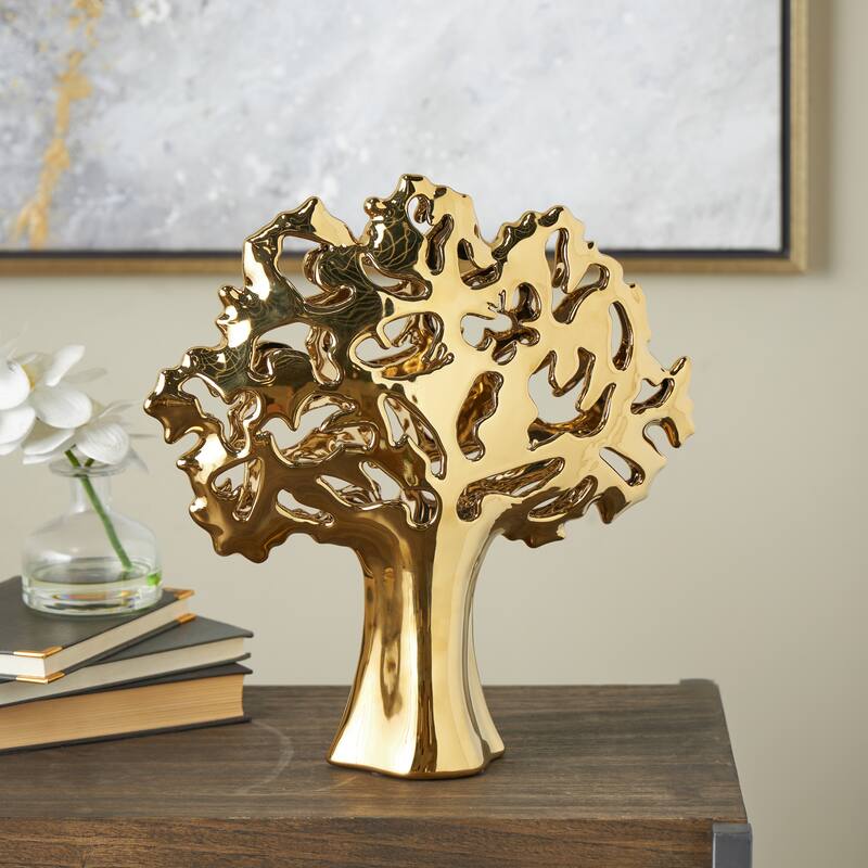 Silver or Gold Ceramic Glossy Tree Decorative Sculpture with Abstract Cutouts - Gold