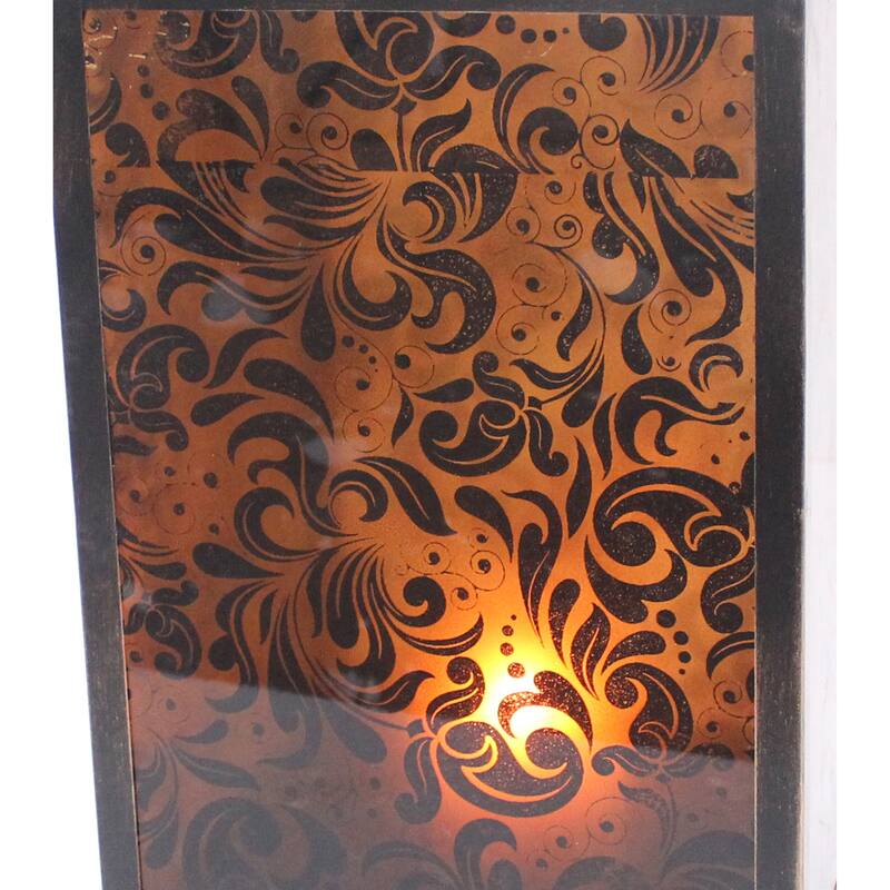 Cuboidal Metal and Glass Filigree Candleholder, Black and Clear