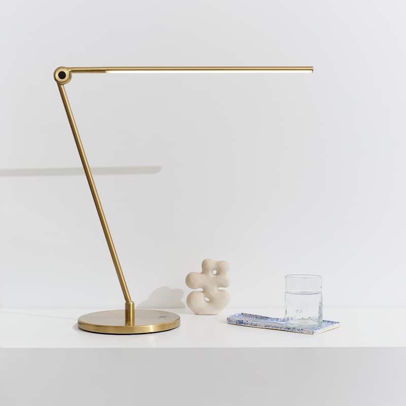 Brightech Libra 39 in. Antique Brass Dimmable LED Industrial Desk Lamp with USB Port and Adjustable Lamp Head