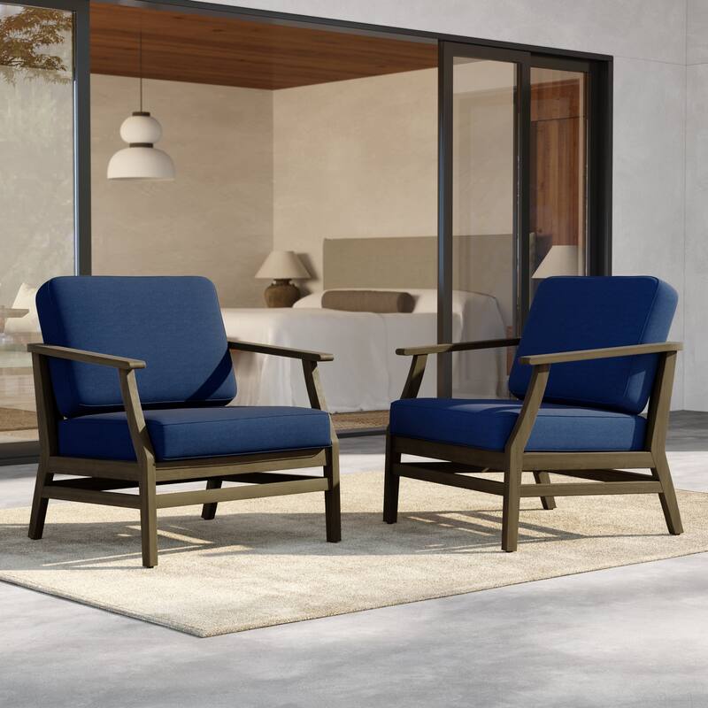 Outdoor Teak Wood Club Chairs with Cushions (Set of 2) - NaturalFrame-Navy