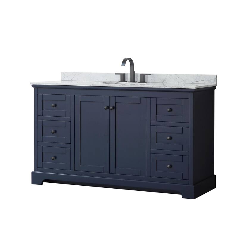 Wyndham Collection Avery 60" Free Standing Single Basin Vanity Set - Dark Blue / White Carrara Marble Top / Matte Black - Painted