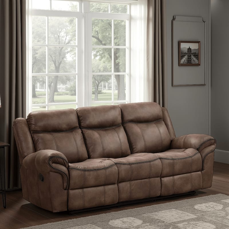 Arisa Sofa, Brown Faux Leather, Drop Down Table with Cupholders, 87 Inch
