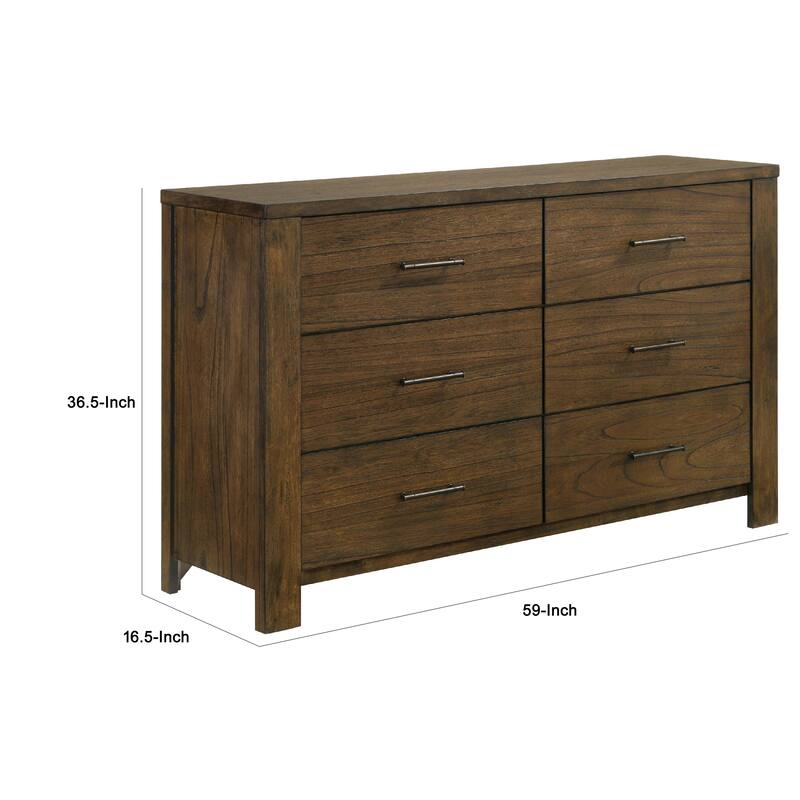 Suli 59 Inch Wide Dresser, 6 Drawers Metal Handles, Brown Mindy Veneer